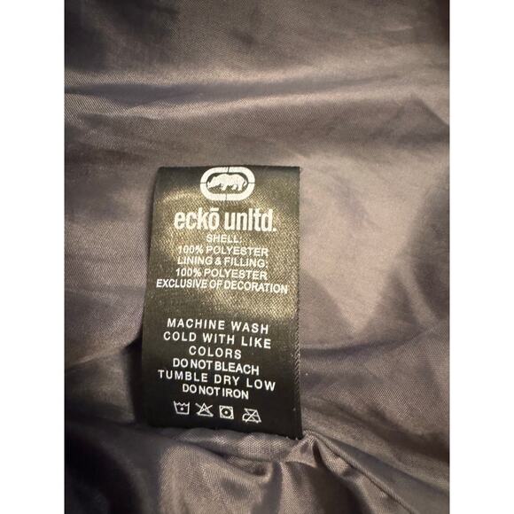 Men's Ecko Unltd Hooded Puffer Vest Full Zip Logo Text Print Gray Black Size 2XL - Picture 9 of 10